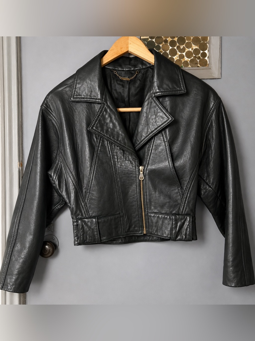 Vintage Linea Pelle Black Leather Moto Jacket Cropped Dolman Sleeve M